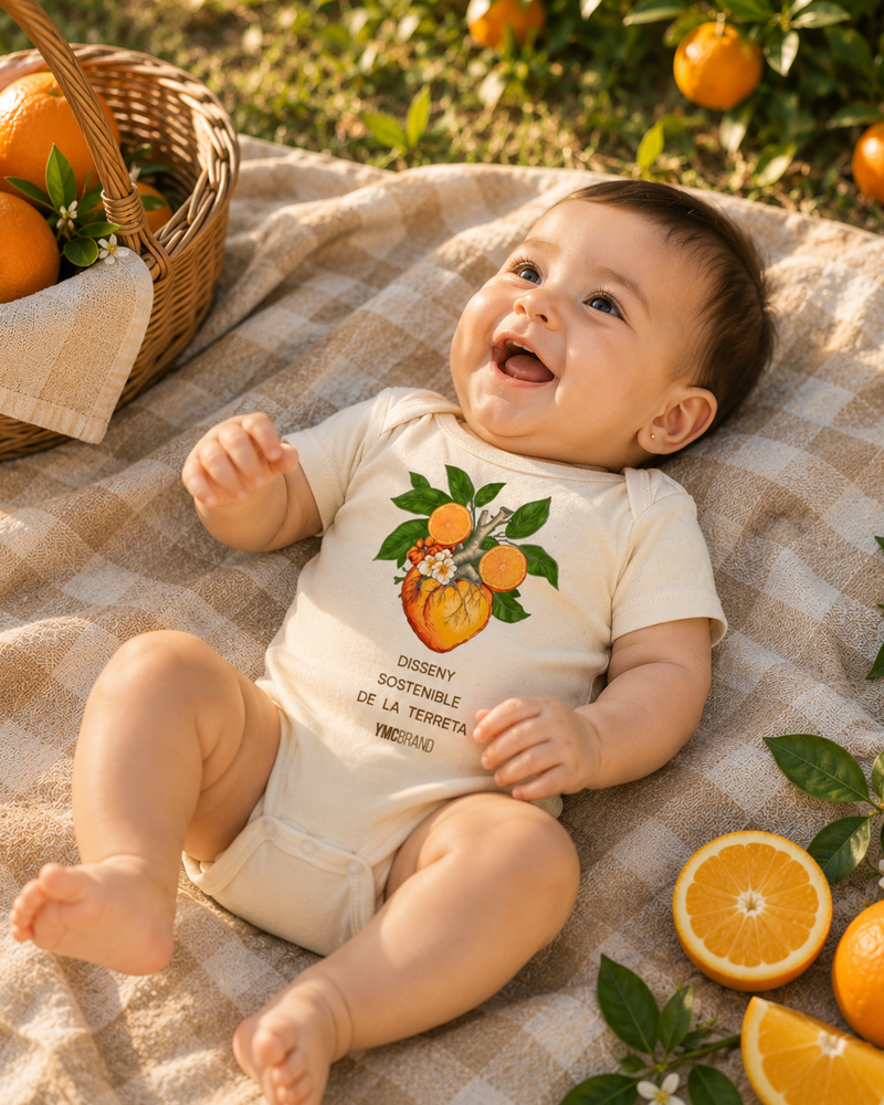 Body bebé Més Amor Per Favor Valencia color natural raw con tipografía naranja y detalle naranjita estampado en el pecho