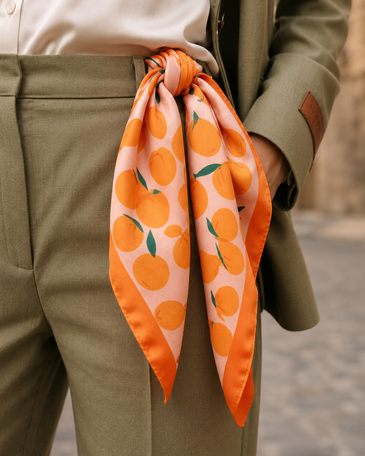 Delantal Terreta València La Terreta color natural raw con estampado València La Terreta en naranja y verde cintas ajustables y bolsillo frontal