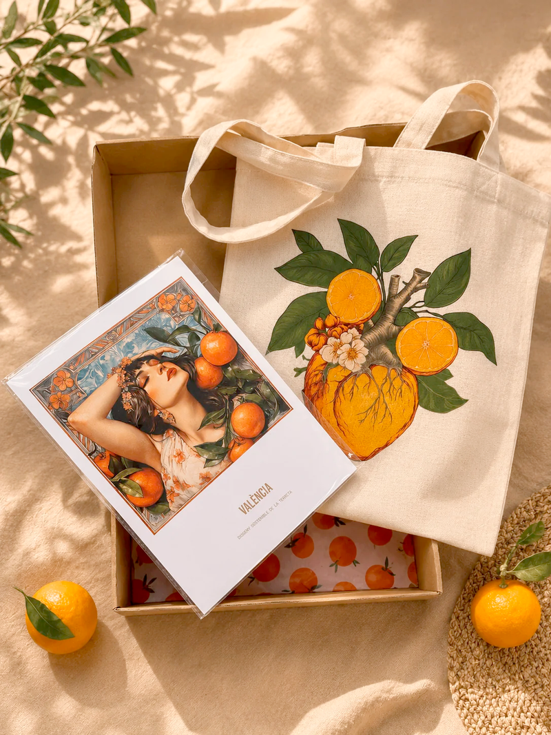 Pack Terreta con tote bag Més Amor Per Favor, camiseta Siente Valencia y regalo de la casa en caja kraft