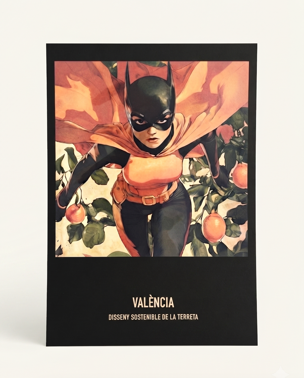 Poster València – Ilustración estilo cómic de superheróina con capa naranja entre naranjos, diseño valenciano Terreta