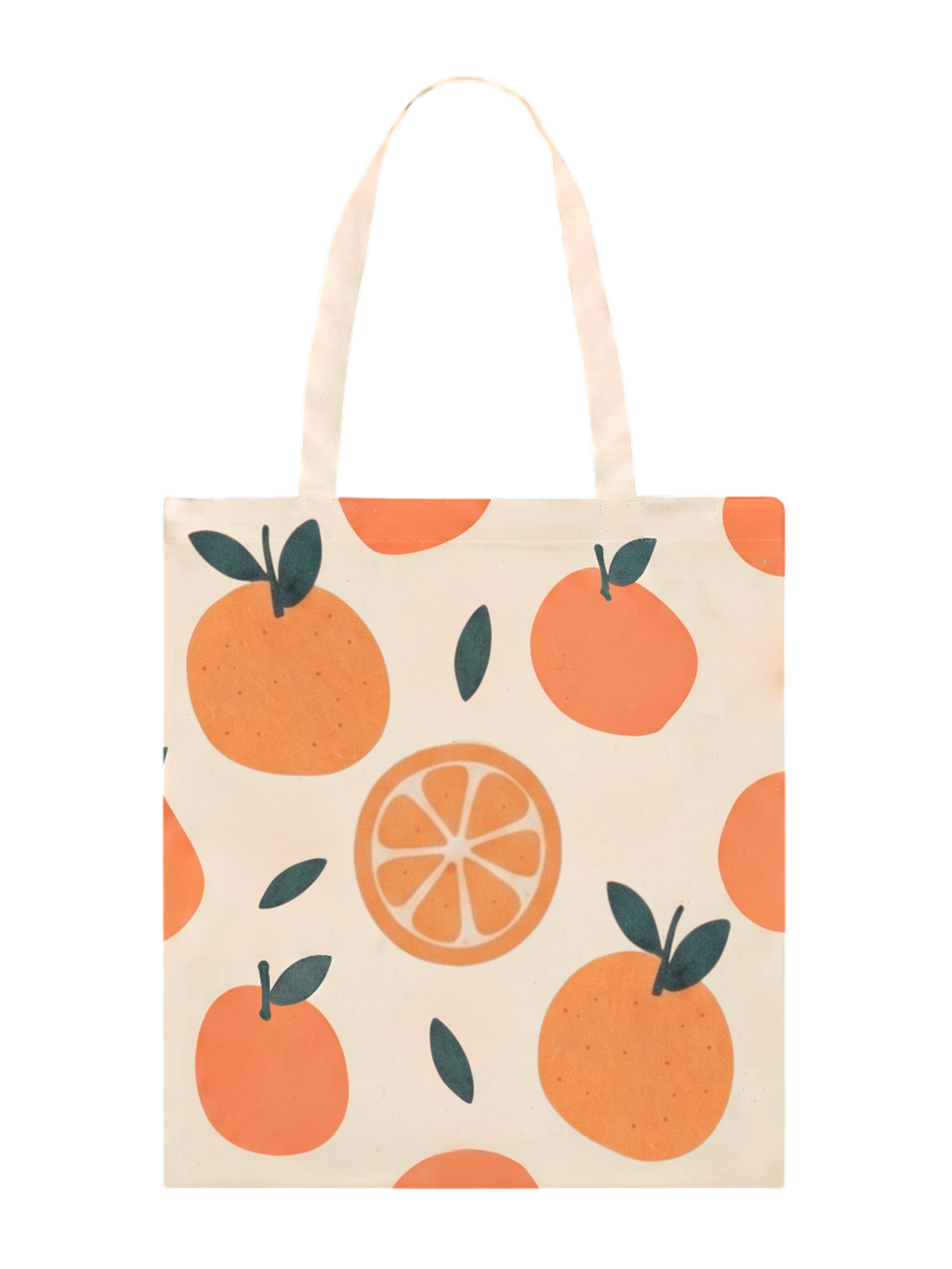 Tote bag Terreta con estampado de naranjas y naranja partida sobre fondo blanco