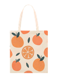 Tote bag Terreta con estampado de naranjas y naranja partida sobre fondo blanco