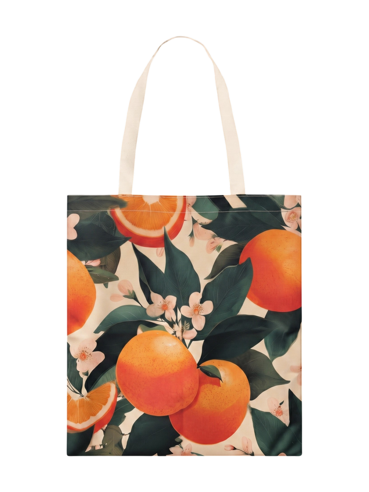 Tote bag Terreta con estampado botánico de naranjas y azahar sobre fondo verde oscuro