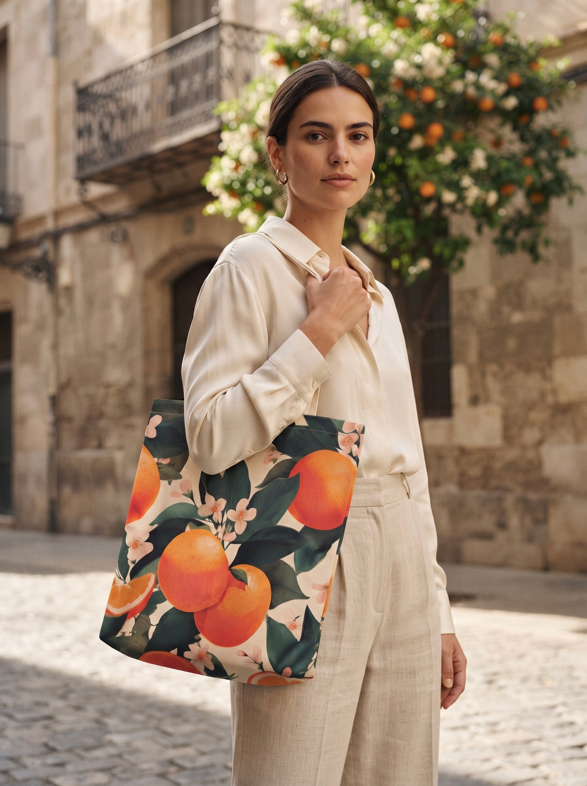 Modelo llevando tote bag Terreta Azahar por las calles de Valencia