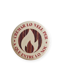 Chapa Cremar lo Vell Terreta – tipografía circular rojo granate con llama fondo crema
