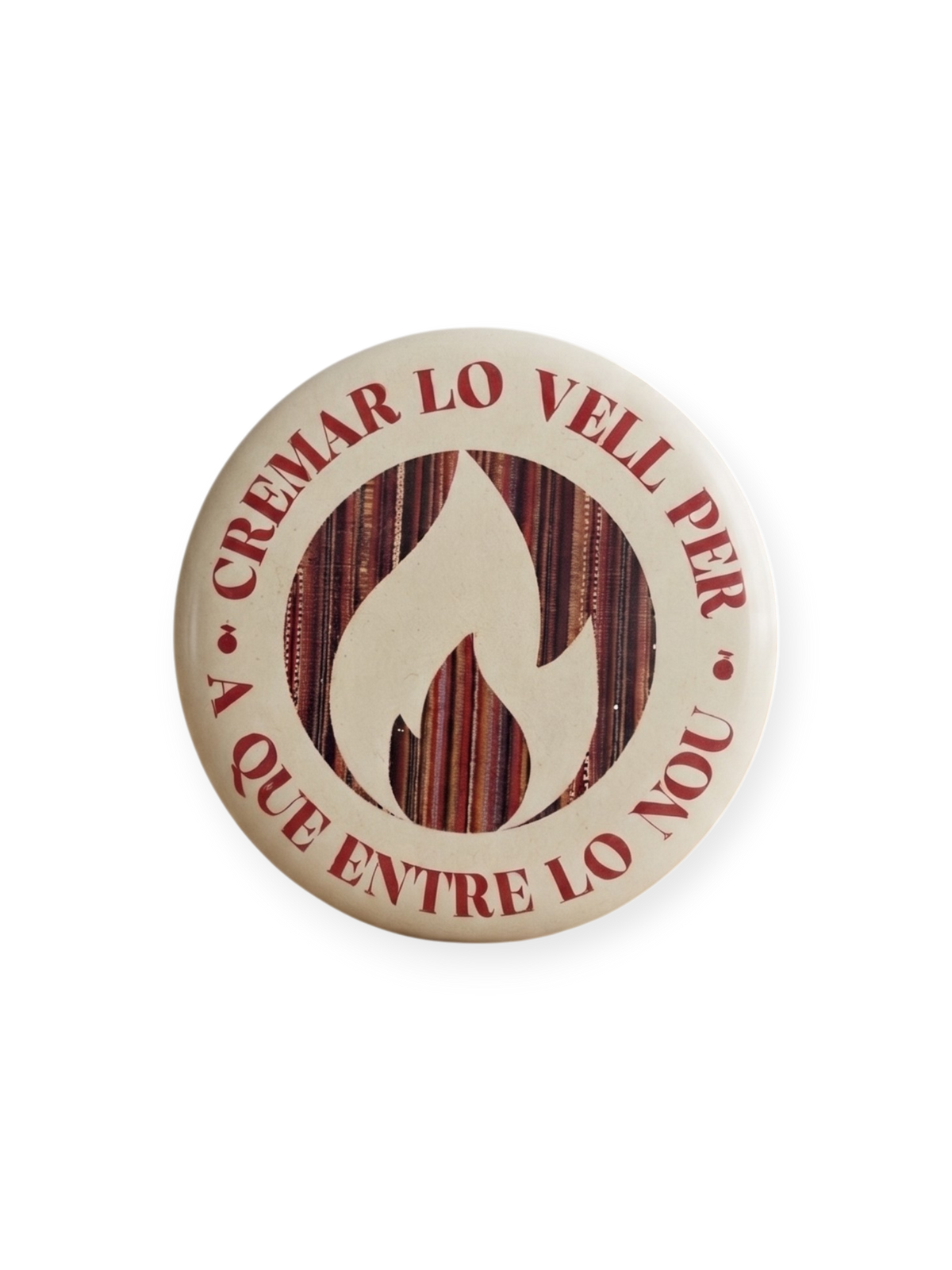 Chapa Cremar lo Vell Terreta – tipografía circular rojo granate con llama fondo crema