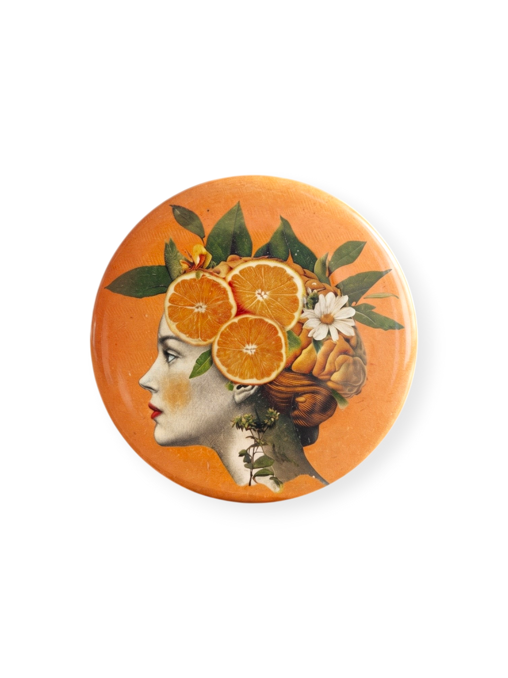 Chapa Piensa Valencia Terreta – ilustración vintage mujer con naranjas fondo naranja