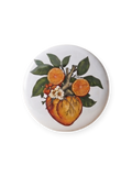 Chapa Siente Valencia Terreta – corazón anatómico con naranjas y flor de azahar fondo blanco