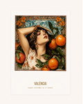Poster València – Ilustración Art Nouveau de mujer entre naranjas, flores y hojas con marco ornamental, diseño valenciano Terreta