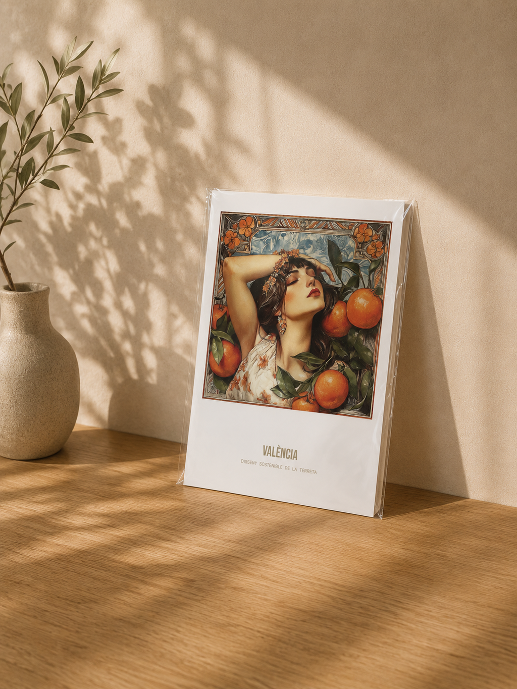 Poster València Art Nouveau – Mockup lámina A5 apoyada en madera con planta, ilustración valenciana Terreta