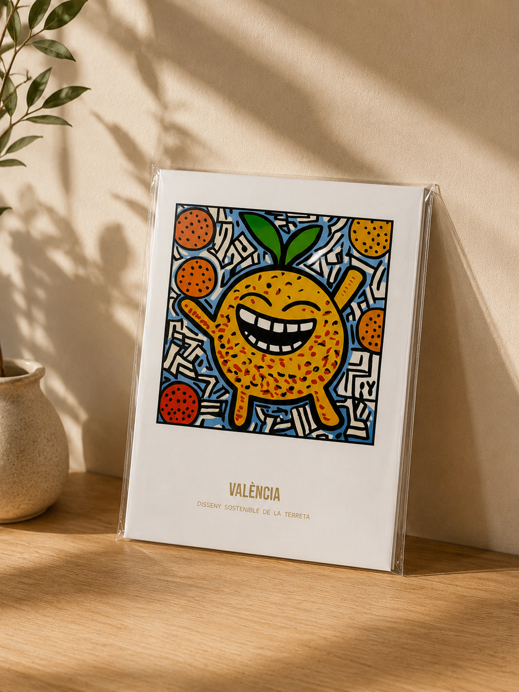 Poster València Mandarina – Mockup lámina A5 apoyada en madera con planta, diseño pop art valenciano Terreta