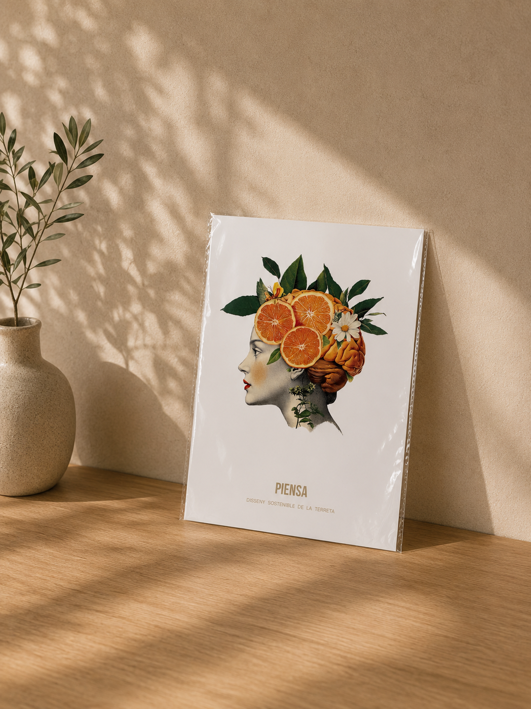 Poster Piensa – Ilustración de perfil femenino con naranjas, flores de azahar y hojas sobre fondo blanco, diseño valenciano Terreta
