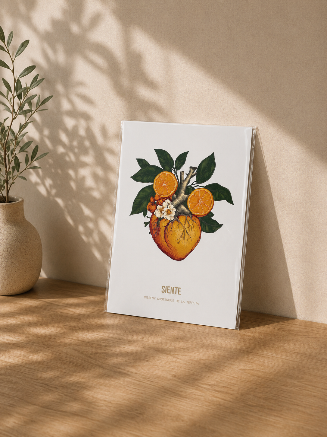 Poster Siente – Ilustración de corazón anatómico con naranjas, hojas y flor de azahar sobre fondo blanco, diseño valenciano Terreta
