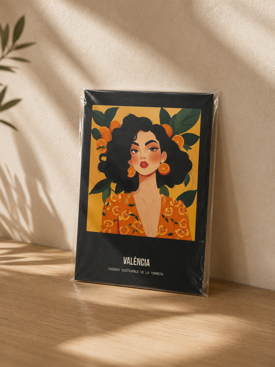 Poster València Mujer Naranjas – Mockup lámina A5 en funda transparente apoyada en madera, diseño gráfico valenciano Terreta