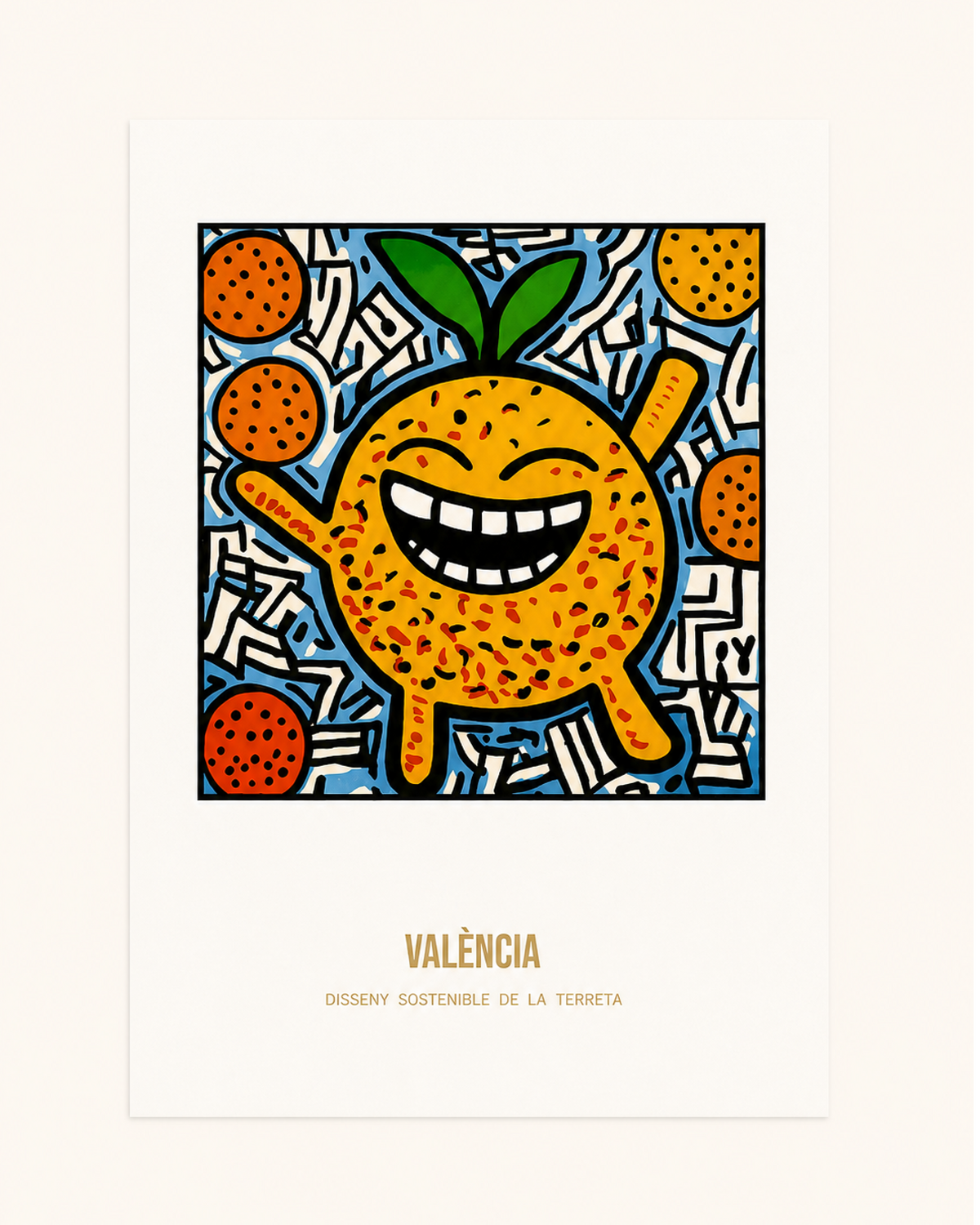 Poster València – Ilustración pop art de mandarina sonriente con naranjas y fondo azul, diseño valenciano Terreta